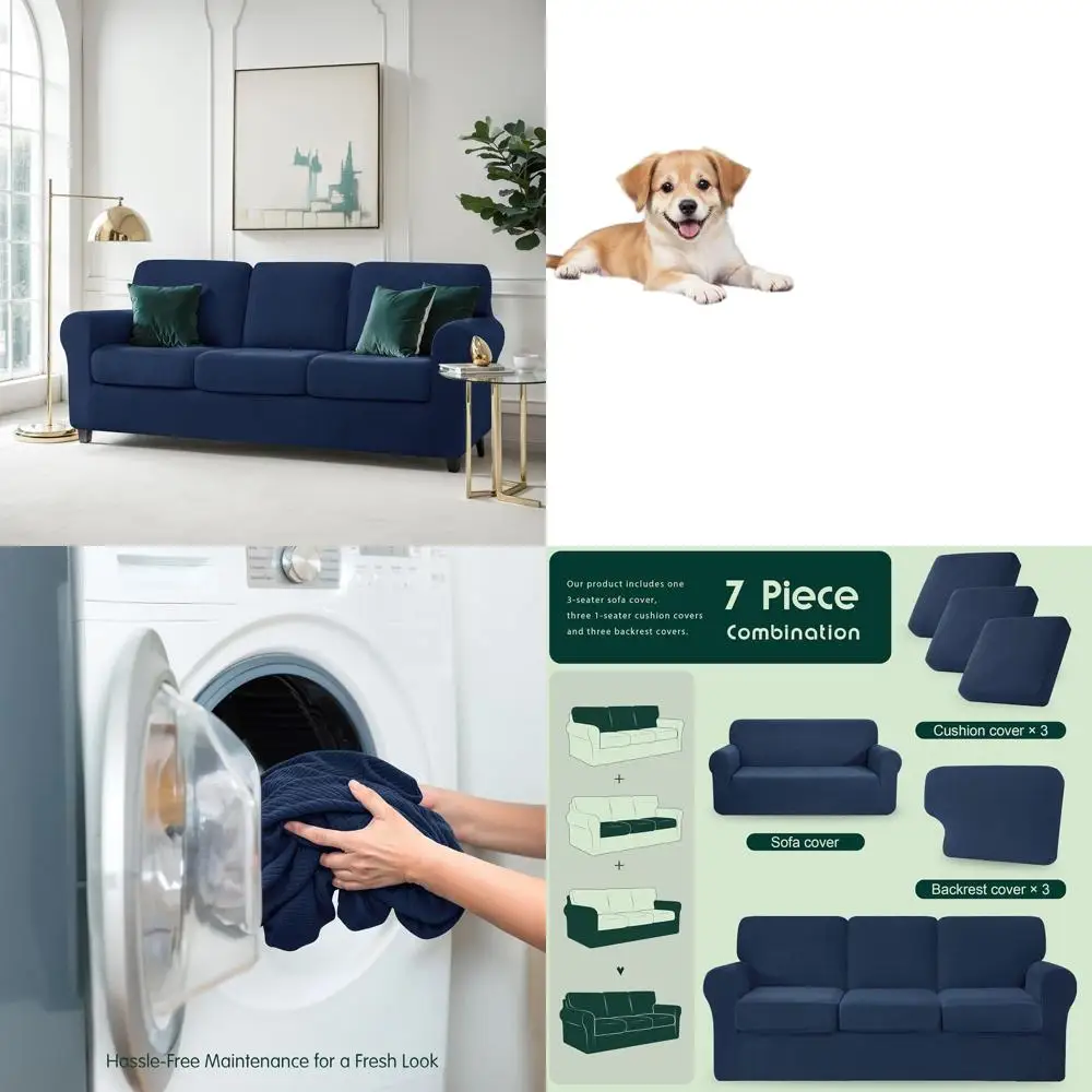 

Большой темно-синий набор чехлов для дивана, состоящий из 7 предметов, для дивана с 3 подушками, с отдельной спинкой и чехлами на подушки, для домашних животных, защита от домашних животных