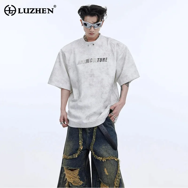 LUZHEN Reflect Letter Original 2026 Summer Sequin Light New Patchwork Design Short Sleeve T-shirts Men Stylish Streetwear JY8874