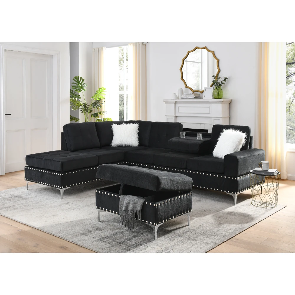 L Shape Sectional Sofa with Reversible Chaise, Storage Ottoman and Cup Holders,Copper Nails& Pillows, Couch Funiture Sets