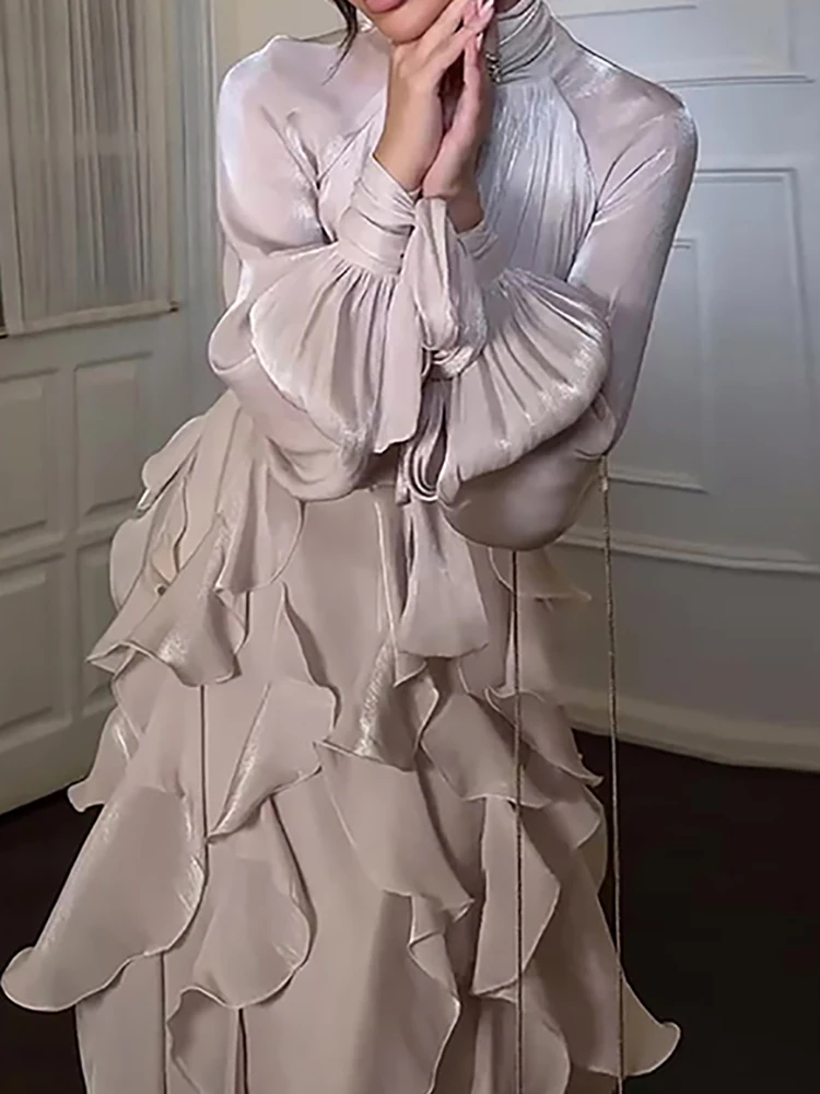 

Women Multi-layer Ruffles Fashion Evening Dress Turtleneck Lace Up Puff Sleeve Autumn Slim Irregular Hem Chic Party Maxi Dresses