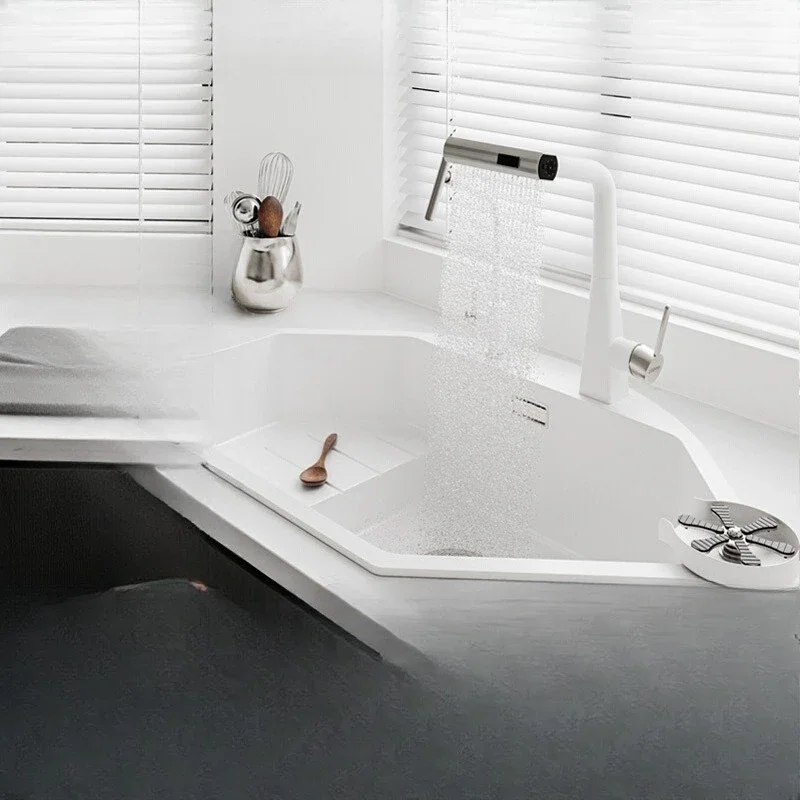 

Fan corner sink kitchen special-shaped quartz stone large single slot diamond type sink corner vegetable basin