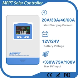 20A 30A 40A 60A MPPT Solar Charge Controller 12V 24V Auto Lifepo4 Battery Charger Max PV Input 100VDC LCD Solar Panel  Regulator