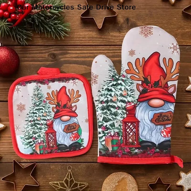 2 Pieces Of Insulated Kitchen Gloves, Heat-resistant Microwave Gloves, Heat-resistant Thickened Grid Oven Gloves Christmas Theme