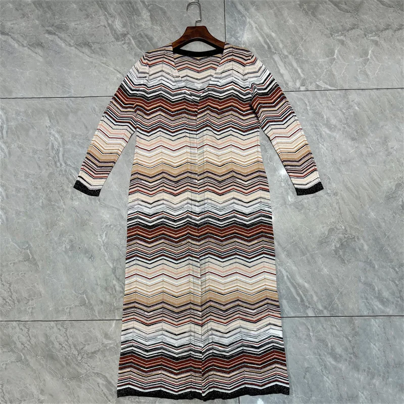 

Кардиган для женщин 2026, весенний новый эластичный вязаный облегающий топ с длинными рукавами и v-образным вырезом, полосатое длинное пальто, смесь металлической пряжи, трикотаж