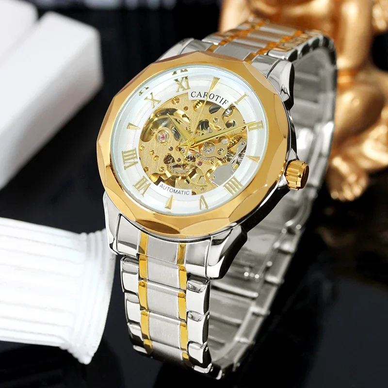 

One Men's Silver Steel Band Business Classic Style Roman Numeral Display Skeleton Automatic Mechanical Watch