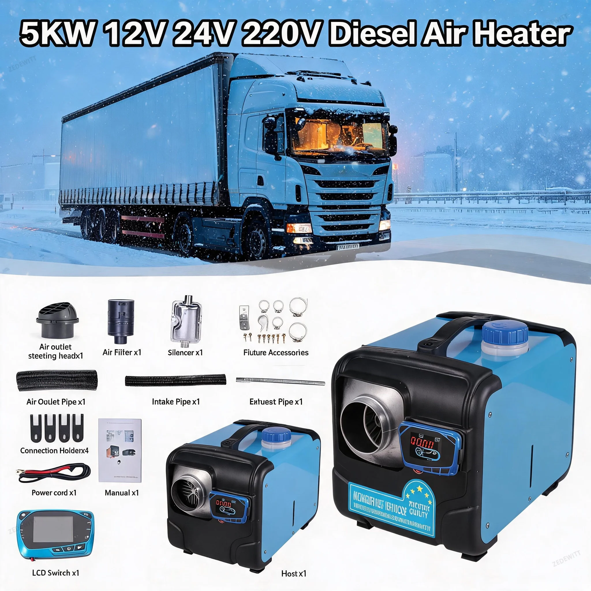 5KW Diesel Parking Heater 12V24V220V Multi Voltage Aluminum Housing Defrosting LCD Display Wireless Remote for RV Bus Snow Area