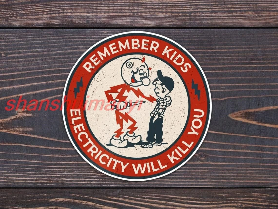 shan tal Tin Sign Rustic Wall Decor Electricity Will Kill You! Remember Kids, Reddy Kilowatt with A Knife Wreath Sign,Sui 1pc