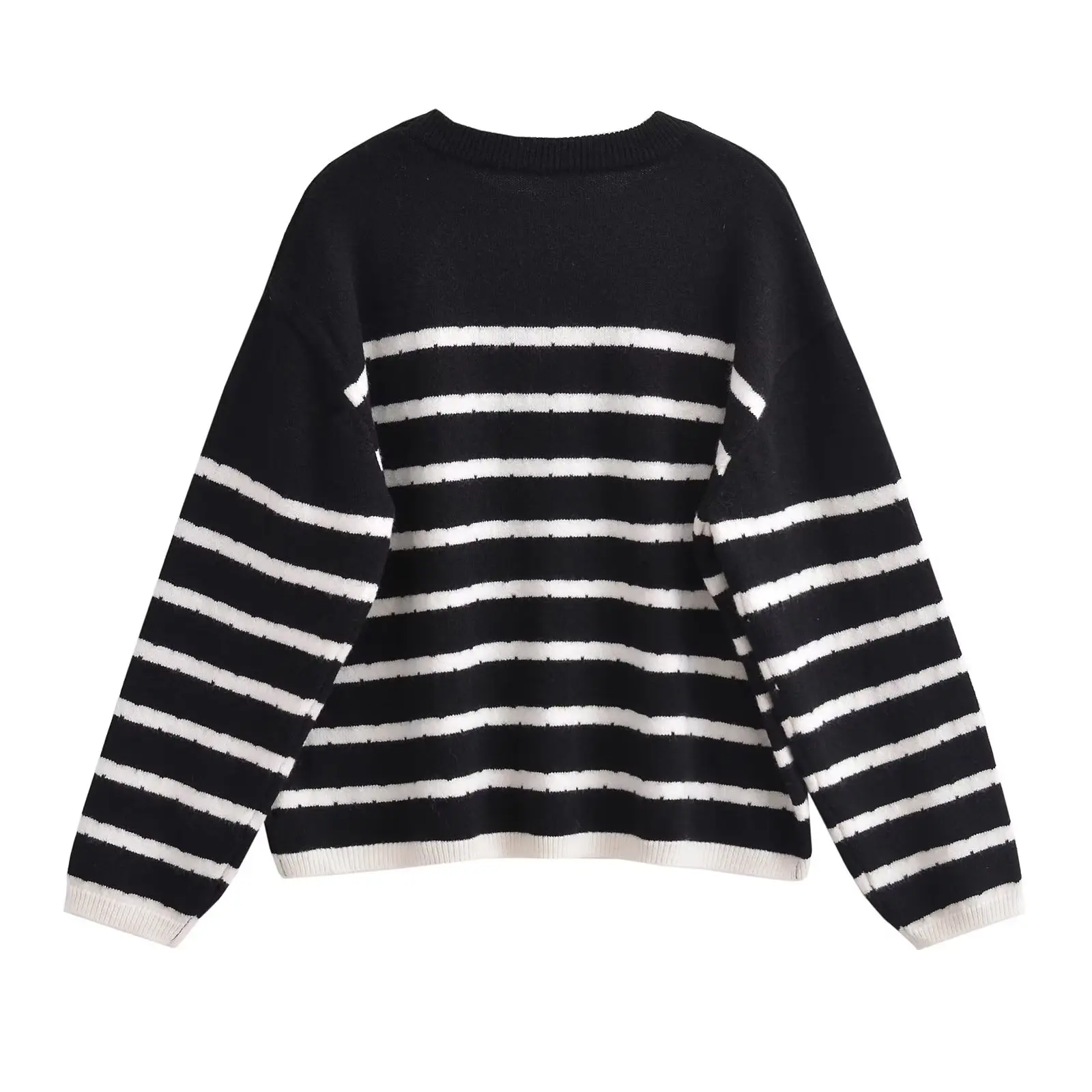 Jenny&Dave Fashion High Street Women's Casual Knitwear Girls Vintage Black Stripe Round Neck Pullover Sweater