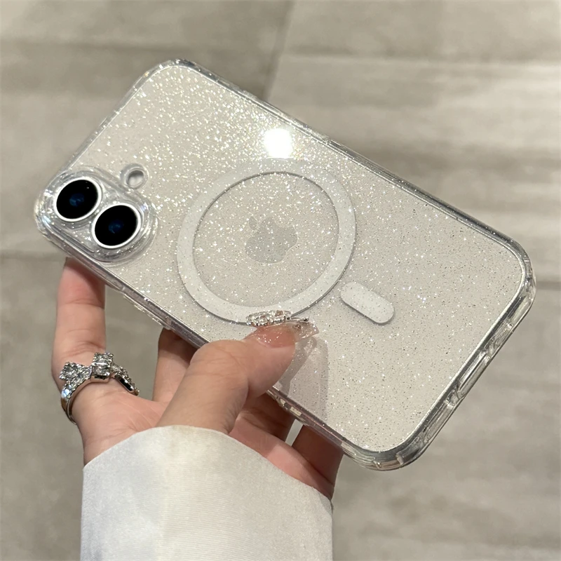 Luxury Glitter Magsafe Transparent Case For iPhone 11 12 13 14 15 16 Pro Max Plus Magnetic Wireless Charge Shockproof Soft Cover