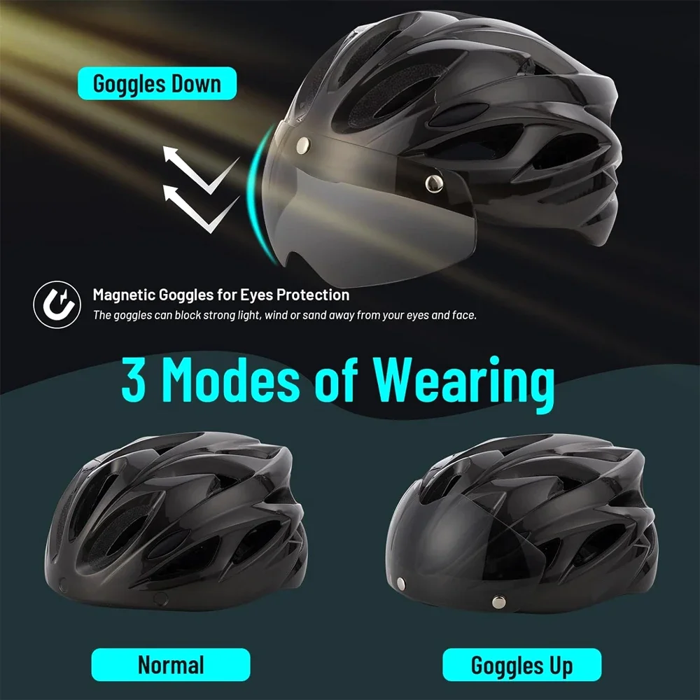 Casque de vélo léger réglable pour adulte, casque de vélo avec feu arrière et poignées, lunettes magnétiques amovibles, vélo de montagne et de route