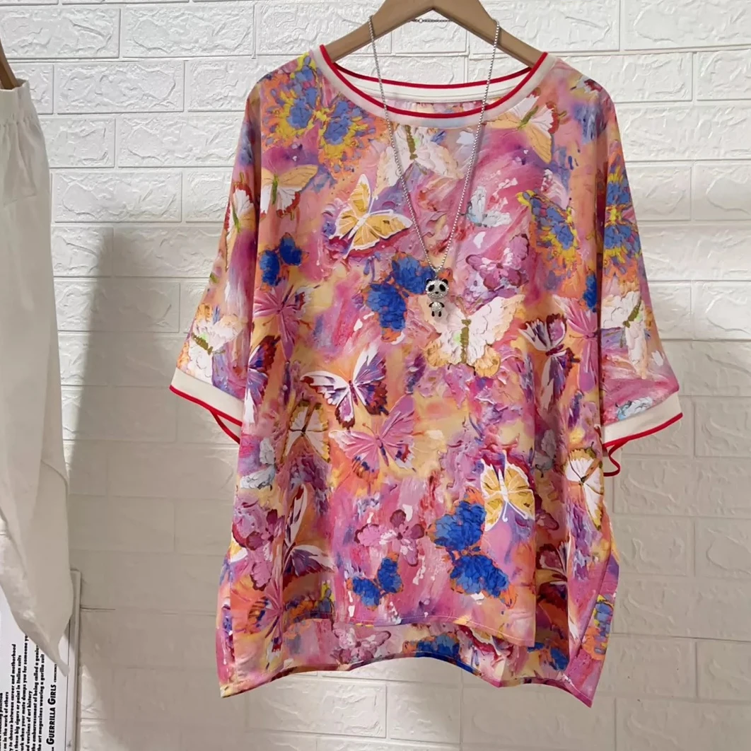 

rose chiffon tops women summer loose printed blouses mothe butterfly shirts