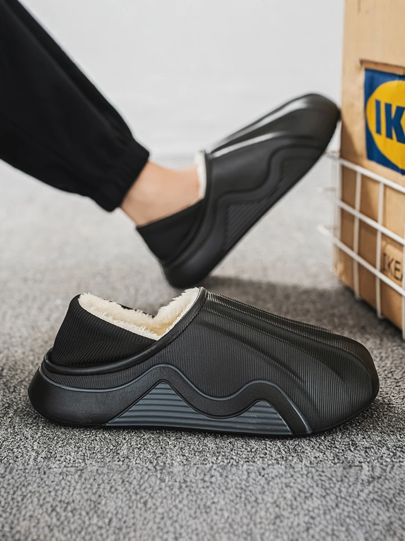 Men's Cotton Slippers Winter Thick Bottom Anti-Slip Warm Fleece Lined Indoor Casual Home Slip-On Boots with Heel Cover