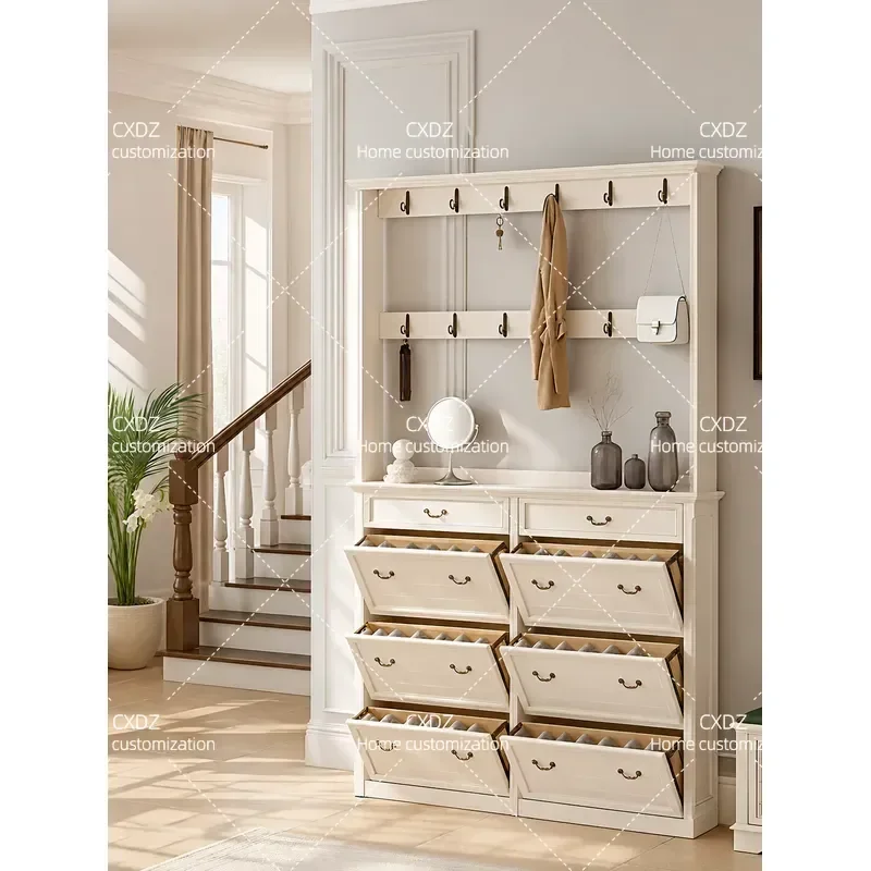 All Solid Wood Ultra Thin 17cm Shoe Cabinet with Coat Rack Narrow Wall Mounted Tipping Bucket Storage for Entryway Hallway