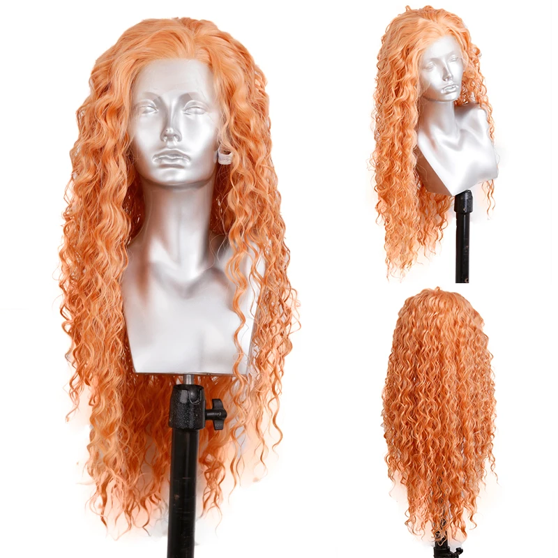 

Orange Curly Lace Front Wig 13X4 Glueless Long Deep Wave Synthetic Hair Frontal Lace Blue Wigs for Women Natural Hairline Daily