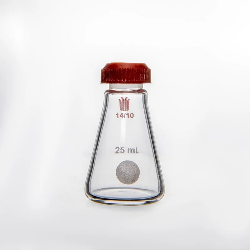 SYNTHWARE Micro threaded triangular bottle, 5mL 10mL 25mL, Joint 14/10, Perforated cover, Borosilicate glass conical flask, F50