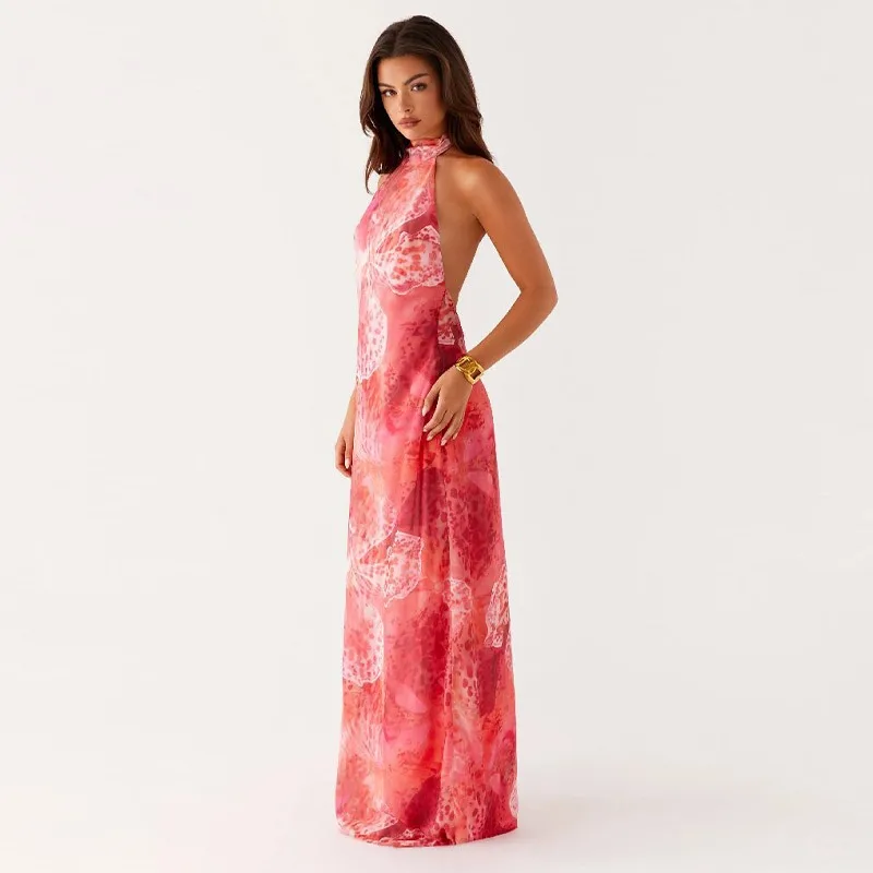 

2025 летнее женское элегантное длинное платье с лямкой на шее и леопардовым принтом, новая мода