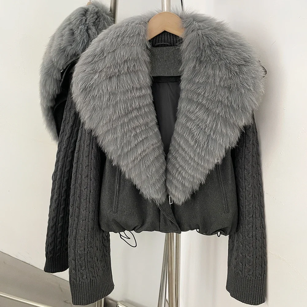 OFTBUY 90 Weiße Daunenjacke mit Zopfmuster-Ärmeln, Reißverschluss, Kordelzug am Saum, Kurzer Mantel für Damen, Winter, Echte Mehrschichtige Fuchspelzkragen – Detail 8