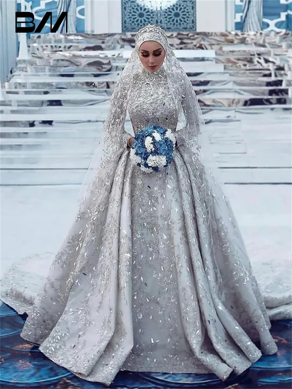 

Arabic Beadings Wedding Dresses for Women, Modest Long Sleeves A Line Bride Dress, Customized Luxury Women's Bridal Gown