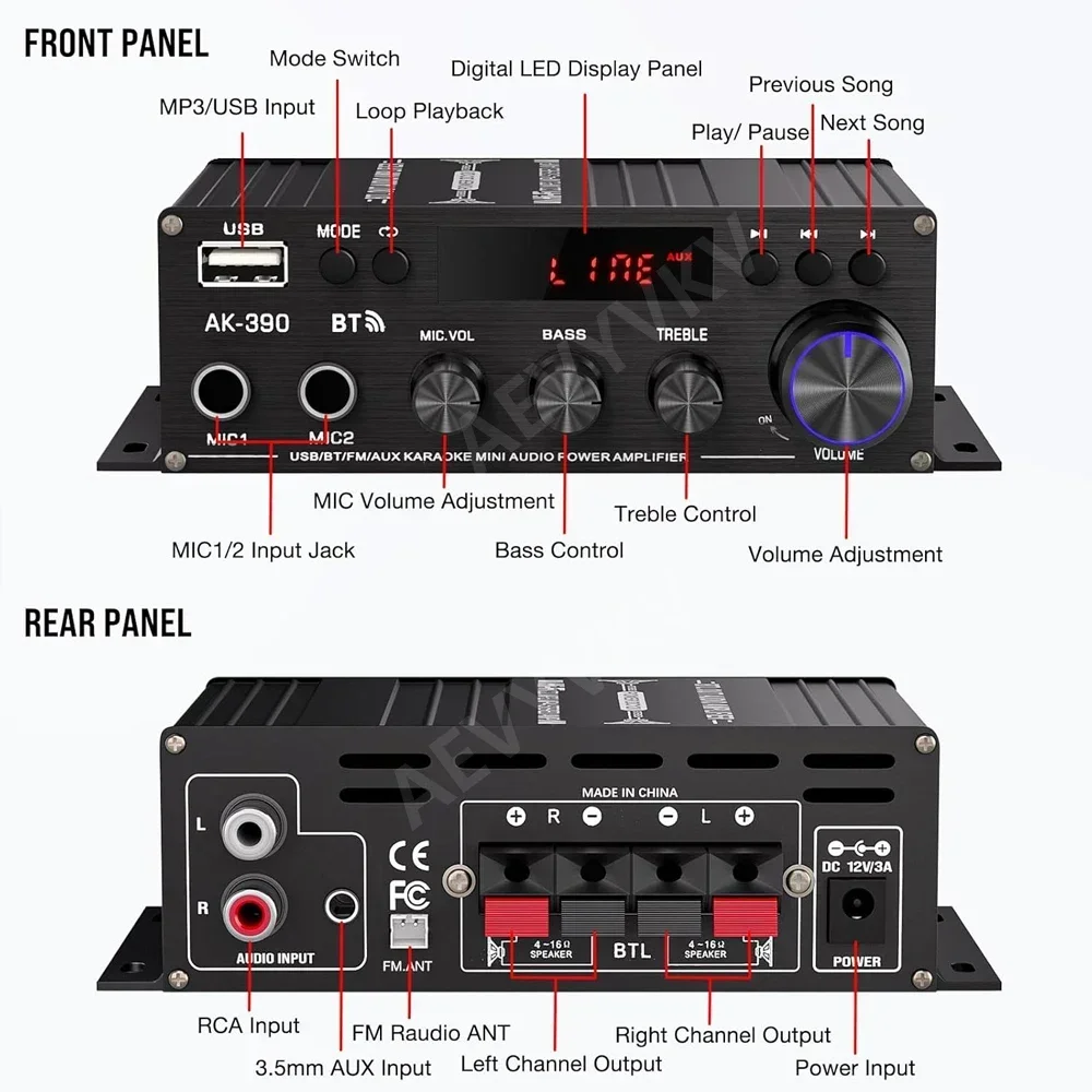 مضخم صوت بلوتوث مضخم طاقة منزلي MIC مضخمات صوت قناة صوت 2.0 HIFI مشغل ستيريو رقمي لنظام المسرح المنزلي 390