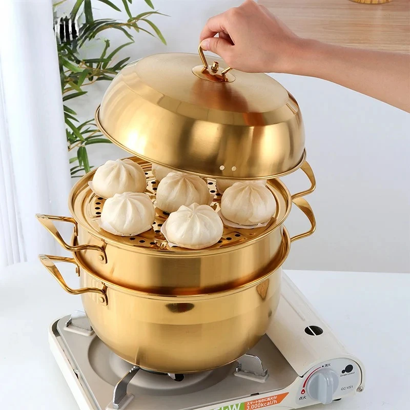 

1 Pcs Steamer Pot Stainless Steel Three layer Thick Gold Steamer Pot Soup Steam Pot Cooking Pots Cooker Gas Stove