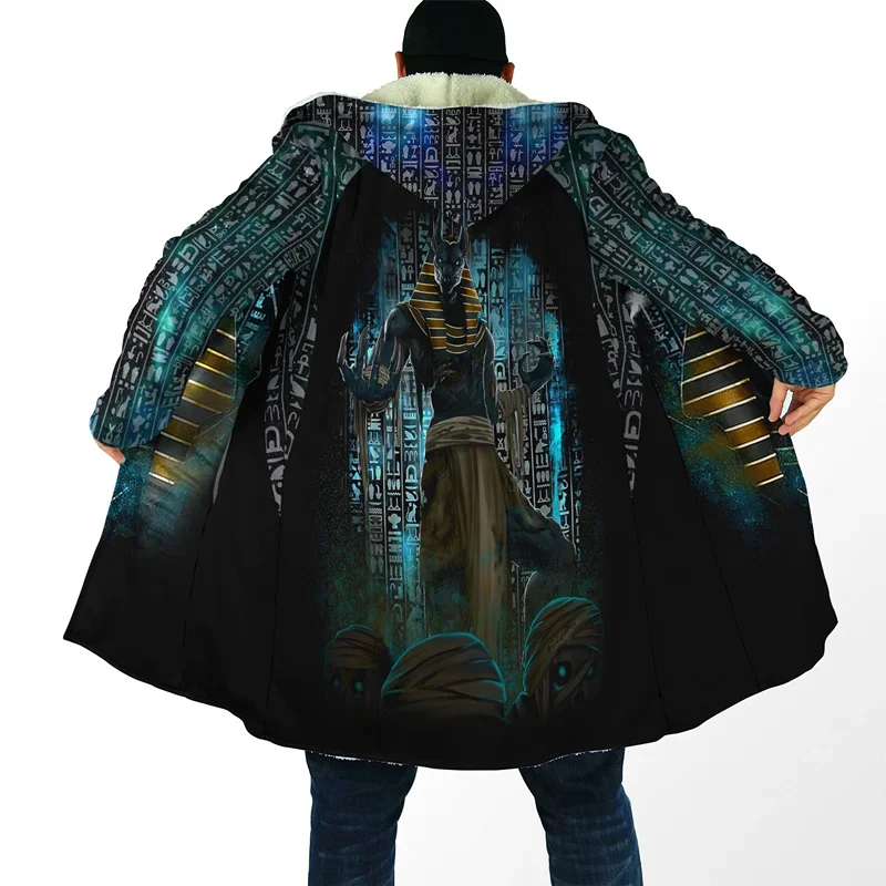 

New Winter Men's Hooded Cloak God of Ancient Egypt 3D Printing Wool Windbreaker Unisex Casual Thickened Thermal Hooded Cloak