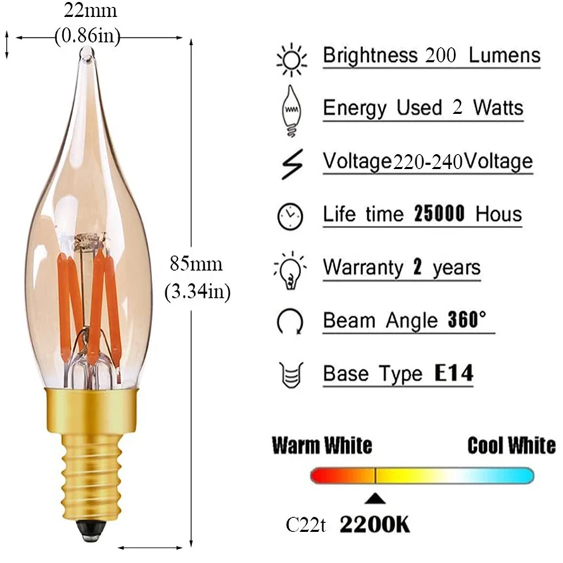 10PCS E12 E14 LED Bulb C22 220V 110V 2W Decorative Light Bulb Energy Saving 2200K Warm White Filament Light 360 Degree Lamp