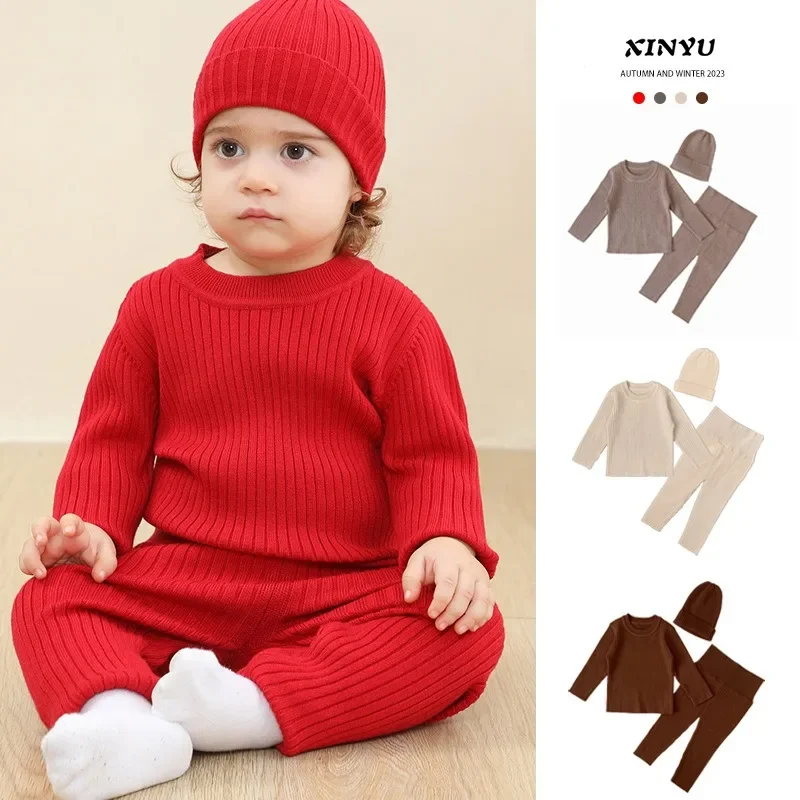 

Baby and Toddler Sweater Set 2024 Autumn New Comfortable Red Long Sleeved Round Neck Knitted Solid Color Warm Three Piece Set