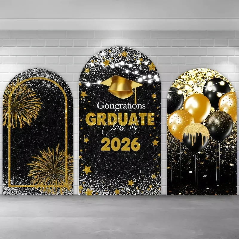 

Black Gold Graduation Arch Covers Stretchy Backdrop Glitter Bachelor Cap Design for Graduation Ceremony & Senior Photo Backdrop