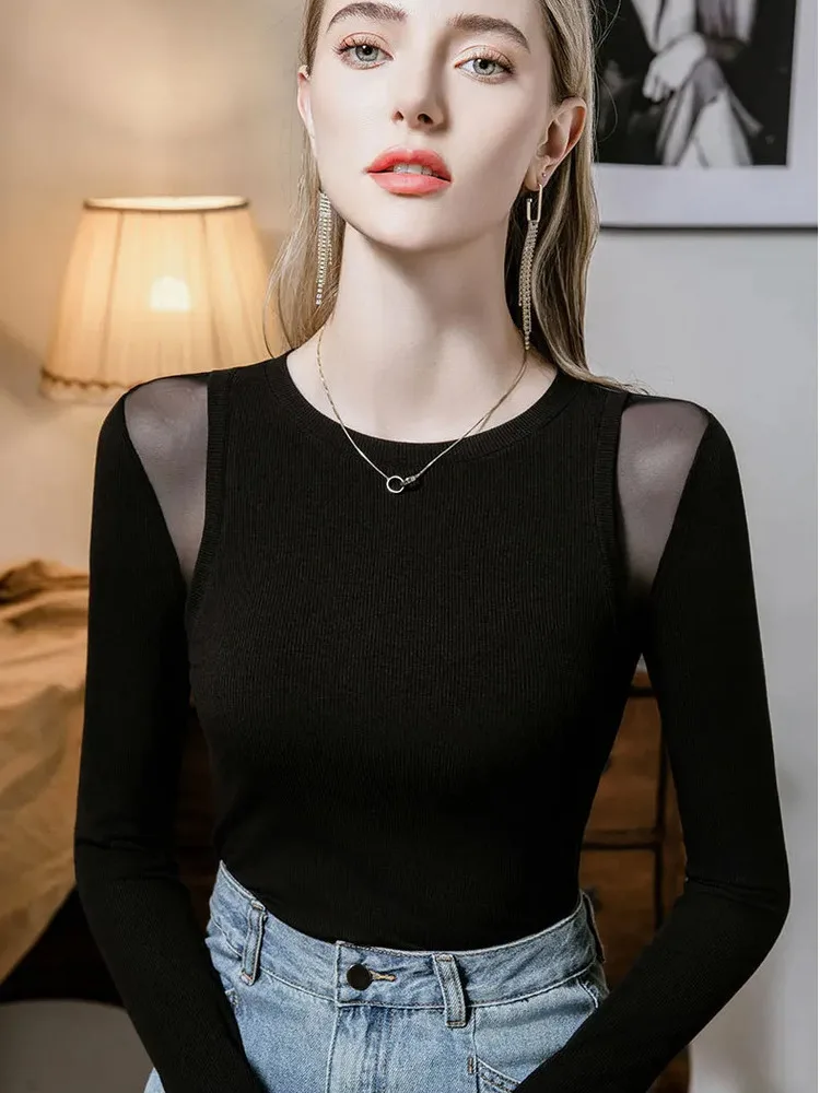 Sheer Mesh Patchwork Slim Long Sleeve Dance Top – Elegant Round Neck Classical Performance Costume for Women Girl Top