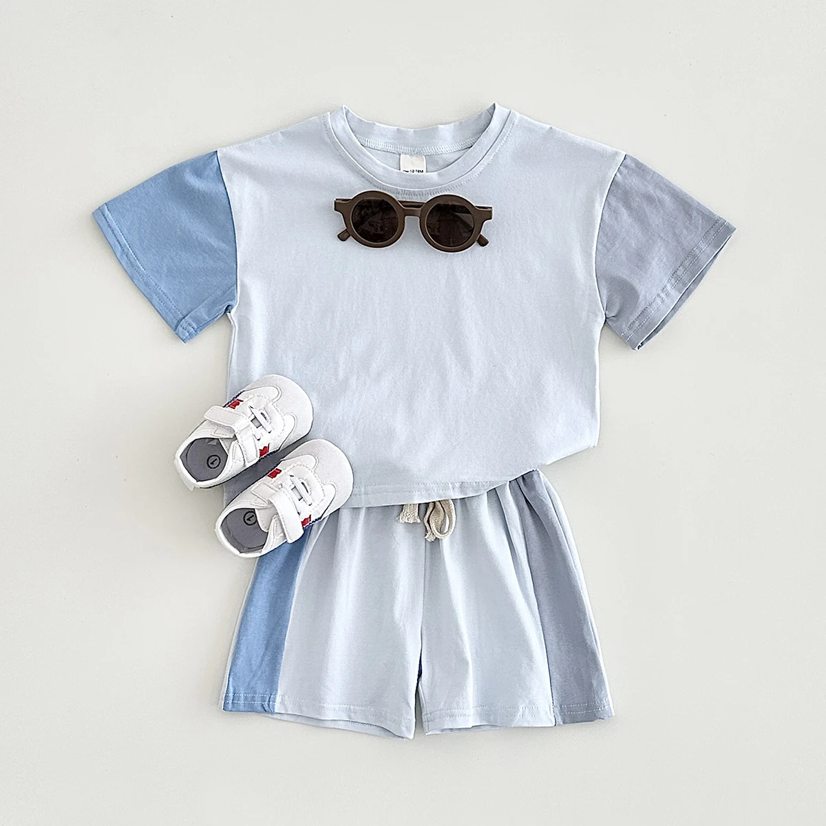 Summer Baby Boy Girl Solid Color Stitching Short Sleeve Top+Shorts Sets Outfits Children Tshirts Pants Suit Cotton Baby Clothes