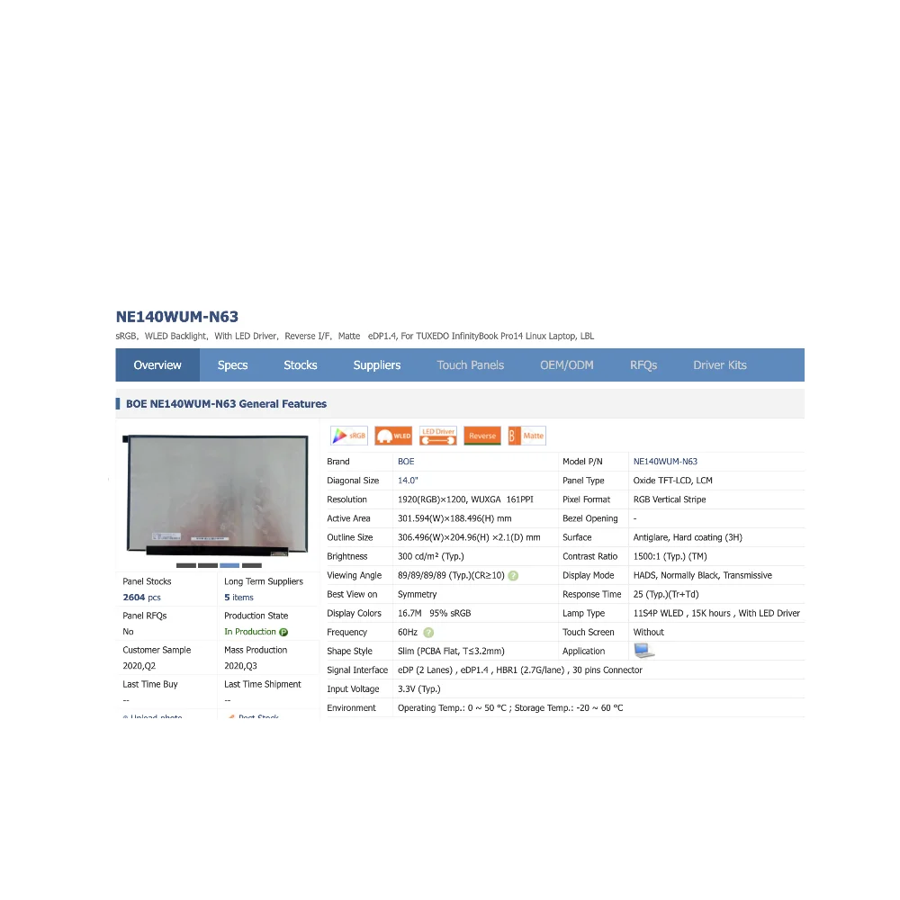

NE140WUM-N63 V8.0 14,0-дюймовый дисплей FHD edp 30 контактов 95% sRGB 1920*1200 ЖК-экран для ноутбука
