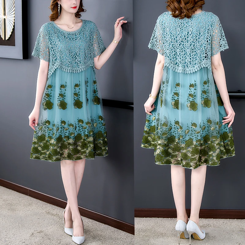 Women High Quality Blue Embroidery Natural Silk Midi Dress Summer Fashion Light Loose Dress 2024 New Korean Elegant Evening Robe