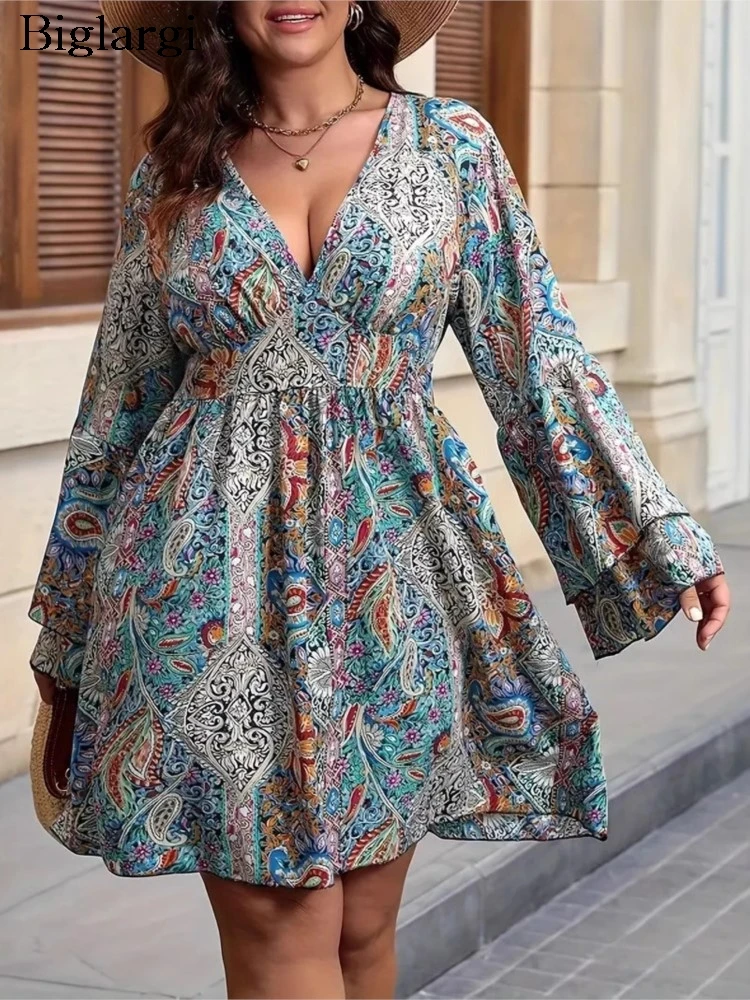 Plus Size Herfst Jurk Vrouwen Bloemenprint Mode Ruche Geplooide Losse Dames Jurken V-hals Hoge Taille Vrouw Mini Jurk