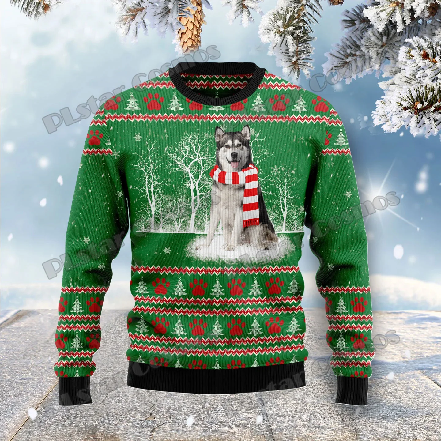 

2026 Autumn Winter Unisex Casual Knit Pullover Sweater Alaskan Malamute Winter Tree 3D Printed Men's Ugly Christmas Sweater MM04