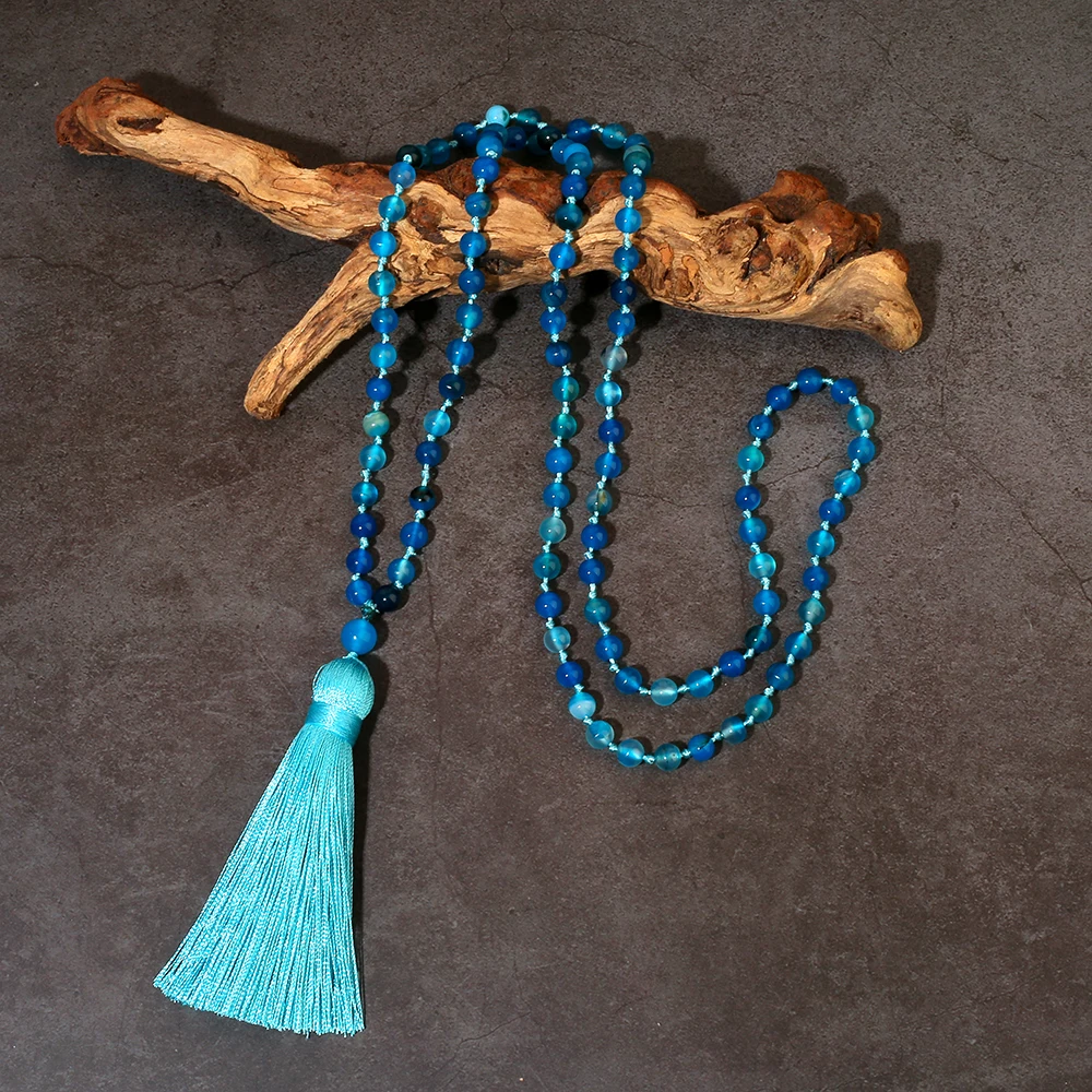 Collar de cuentas de ágata azul con rayas de 6 mm/8 mm, 108 cuentas Mala, para meditación y oración, con borla, joyería Japamala, rosario para hombres y mujeres