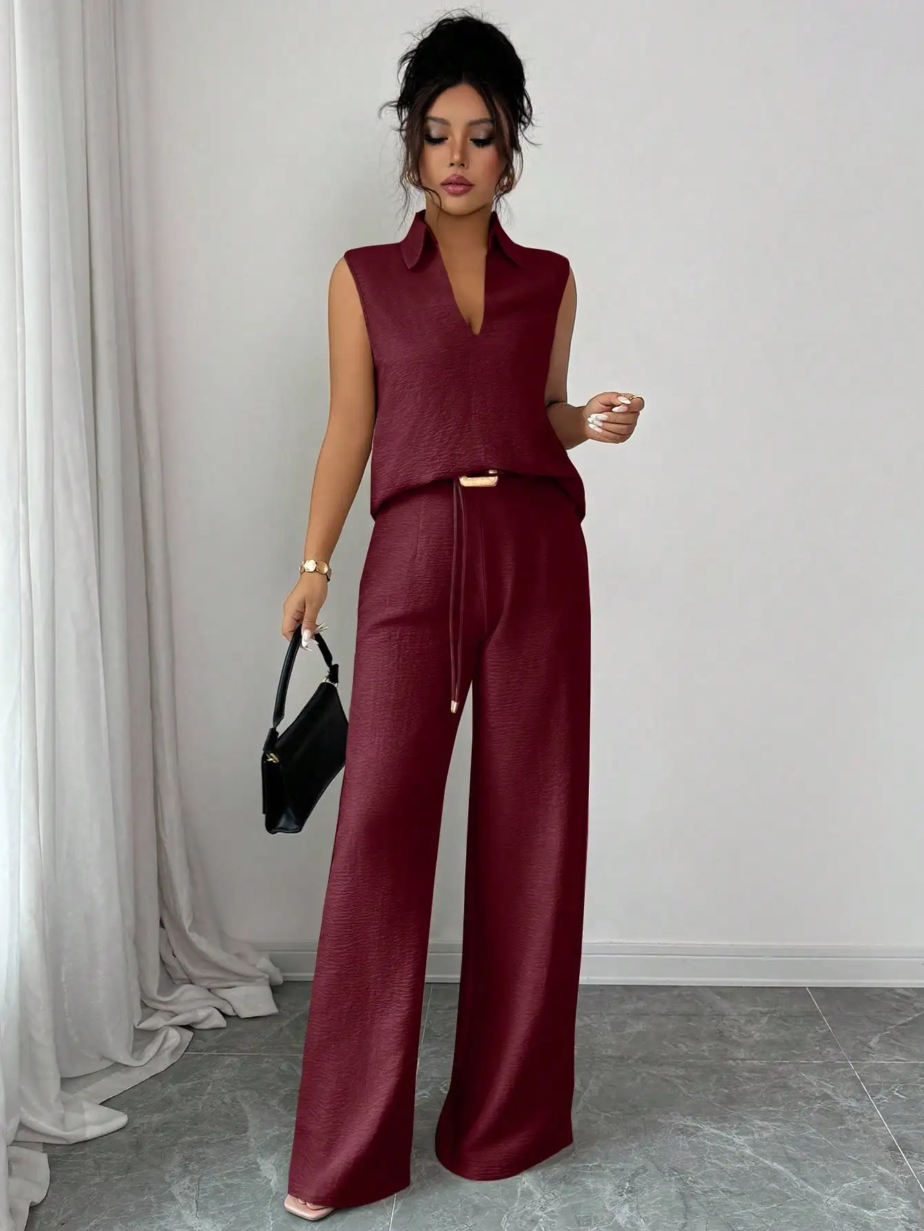 

Women's V-Neck Sleeveless Top And Wide Leg Pants 2 Piece Set Casual Spring Summer