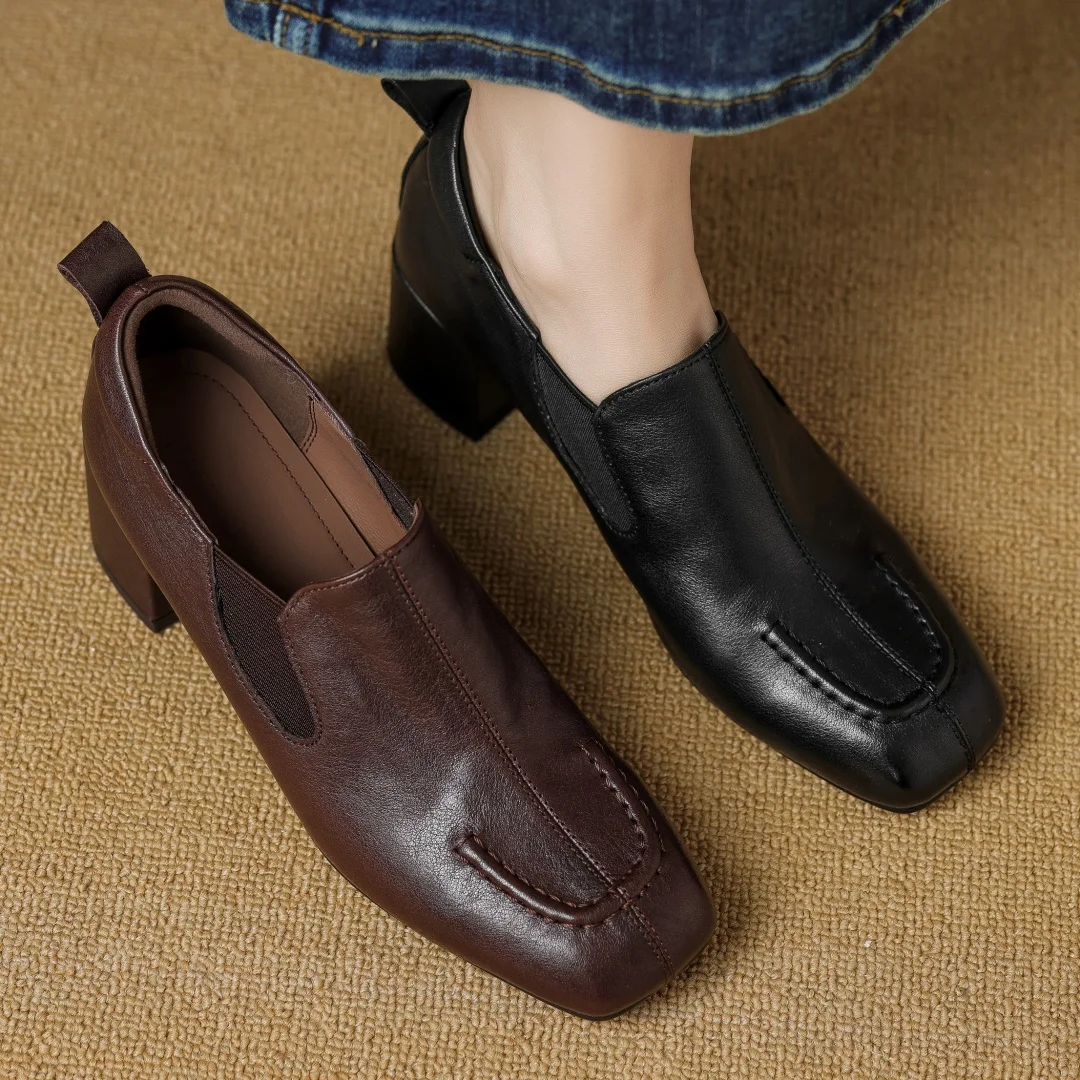 

Женские туфли-лодочки без шнуровки из коровьей кожи с квадратным носком, толстый средний каблук 5,5 см, повседневные модельные лоферы в стиле OL, туфли высокого качества на мягком каблуке, хит продаж