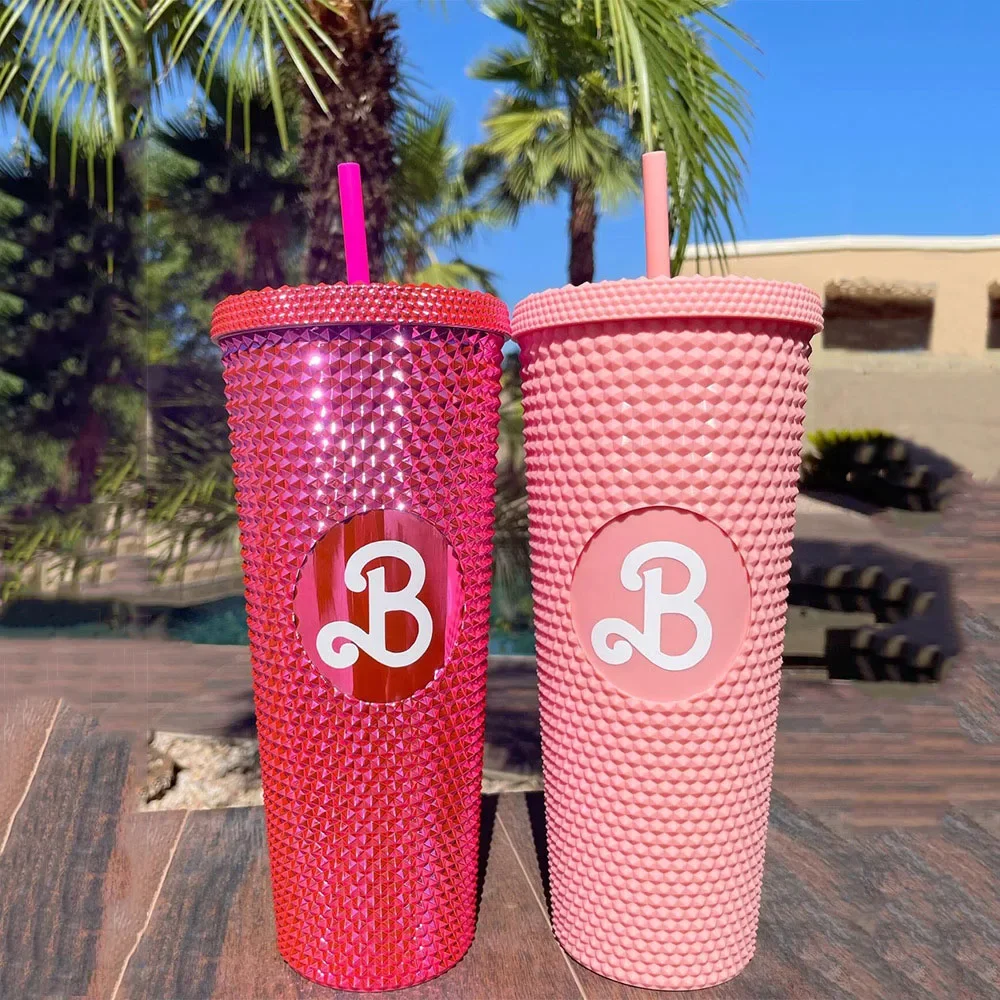 

24OZ Pink B Studded Tumbler Women Luxury Bling Diamond Water Bottle Cup with Straw Female Cold Drink Cup for Home Offices School