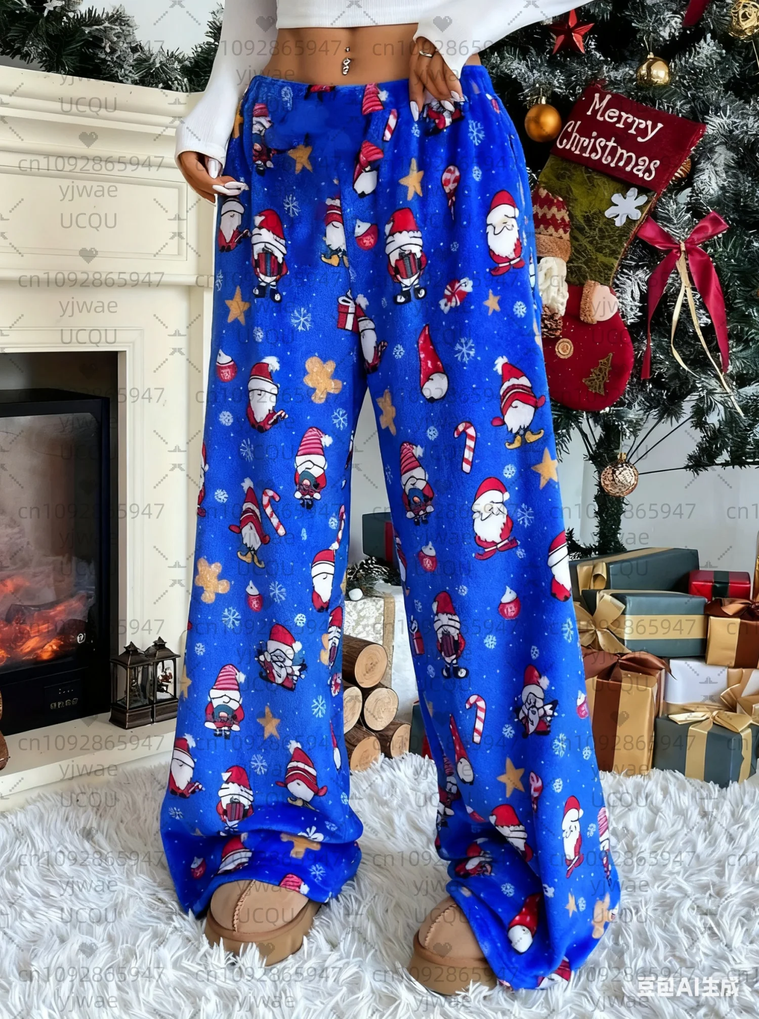 2025, Damen-Pyjamahose mit Weihnachts- und Weihnachtsmann-Aufdruck, lockere Plüschhose – lockere Pyjama-Hose mit Farbblockierung, Damenbekleidung