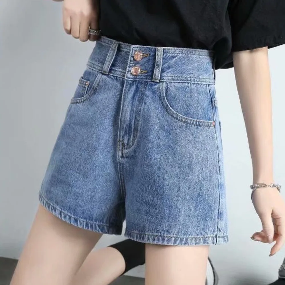 Feynzz Fashion New Summer Women High Waist Button Wigh Leg Jeans Shorts Casual Female Loose Fit Blue Denim Shorts