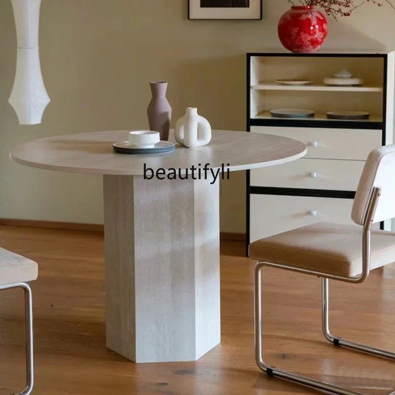 178Retro style round table designer model room high-end table marble round travertine rock slab dining table