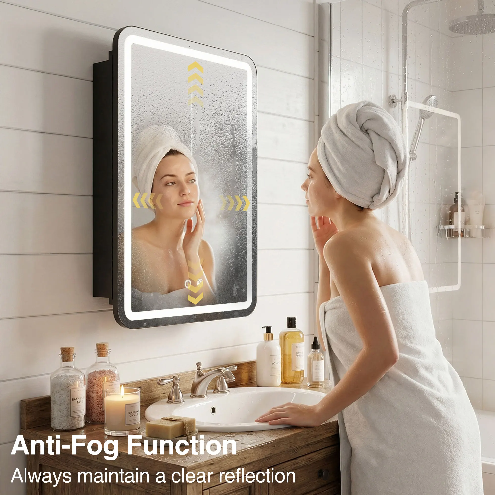 

Светодиодный зеркальный шкаф для ванной комнаты с 3-уровневым хранением, съемными полками, регулируемой подсветкой, функцией антизапотевания, настенный, мебель для ванной