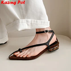 Krazing Pot Cow Leather Chunky Low Heels Concise Chic Summer Shoes Party Casual Dating Brand Office Lady Modern Women Sandals