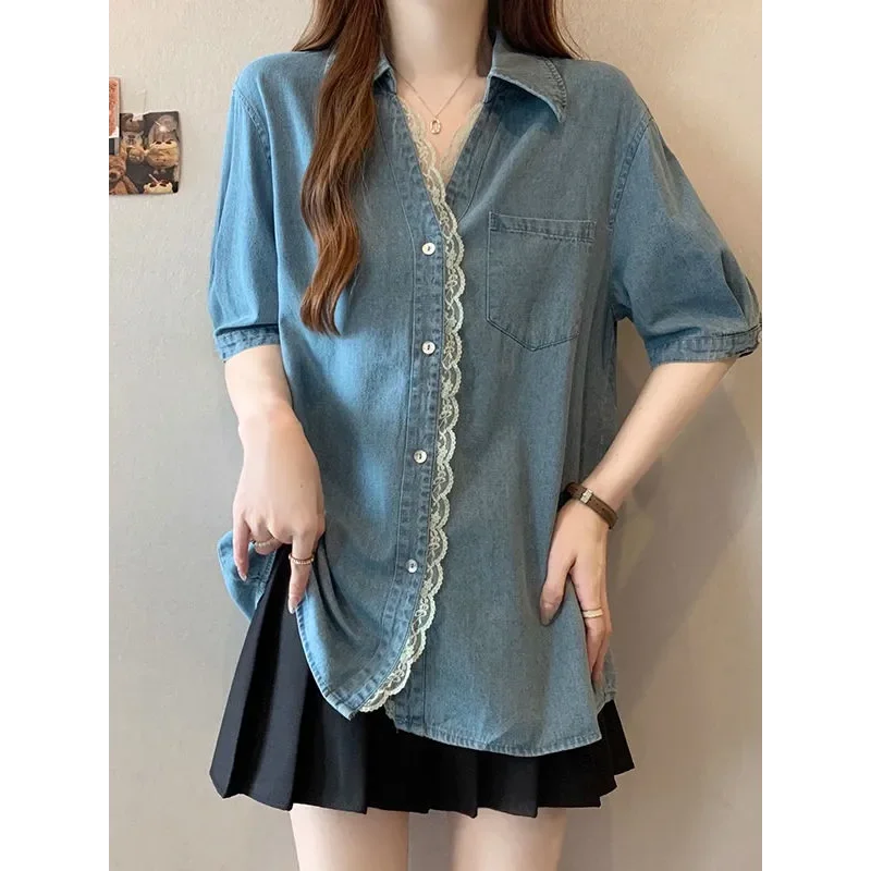 

Splicing Lace All Match Short Sleeved Denim Shirt for Women's Summer Street Casual Polo Collar Cardigan Top