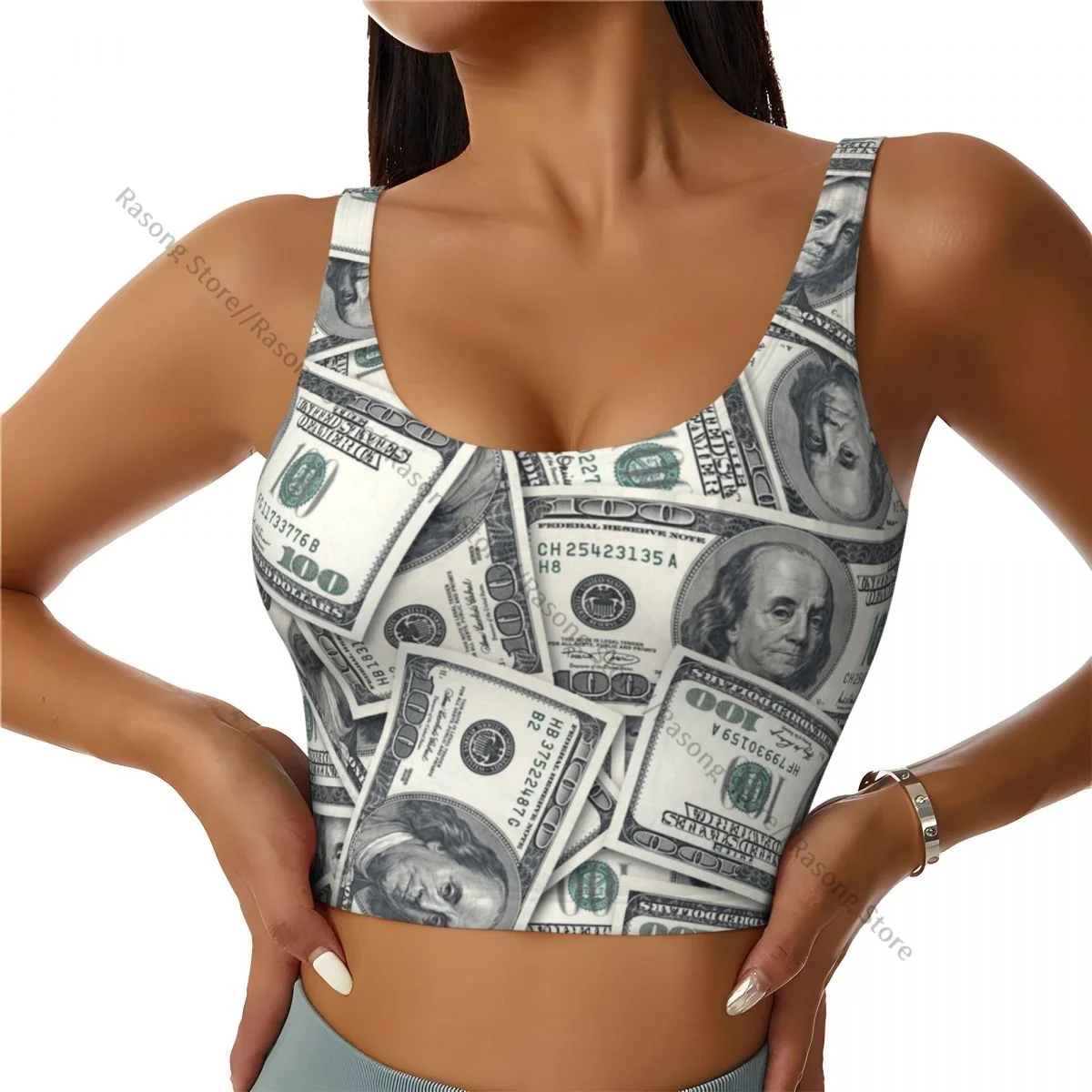 Yoga Vest Women Gym Sports Crop Tops US Dollar Currency Money Pattern Streetwear Workout Breathable Tank Top Female