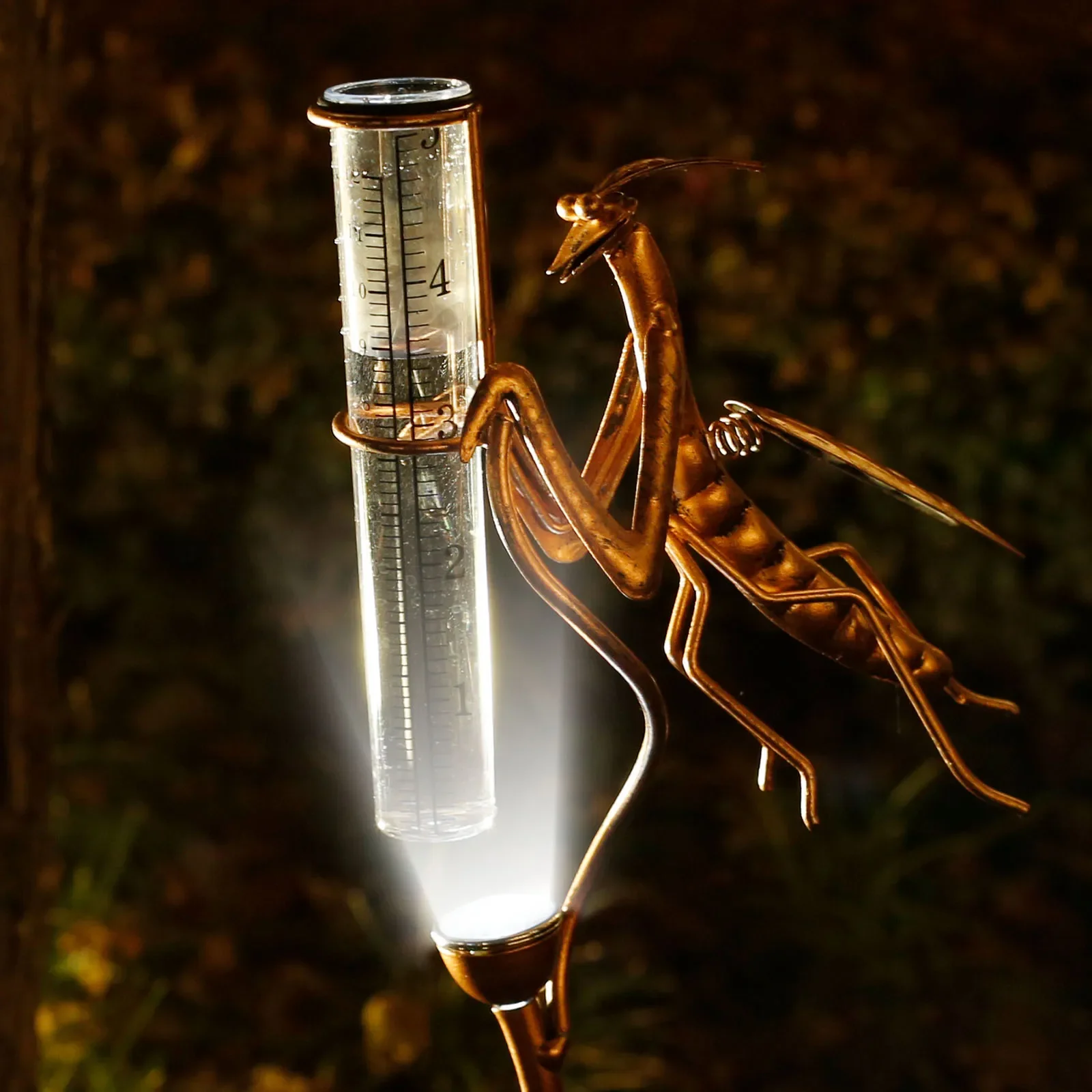 Rain Gauge Outdoor Metal Mantis Rain Gauges Solar Rain Measure Gauge with Lights Decorative Garden Rain Measure Tool for Gardens