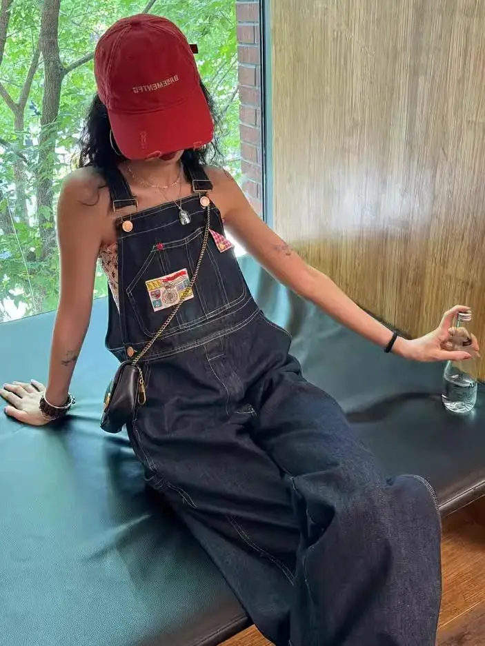 

Retro American Denim Overalls Loose Fit Student Vintage Style High Waist Long Pants Cotton Stretch Resistant to Stains