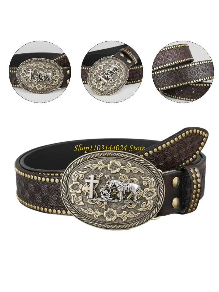N5KE Western Cowboy Belt for Pants Engraved Buckle Waist Belt Ethnic Embossed Belt Man Business Pin Buckle Waiststrap