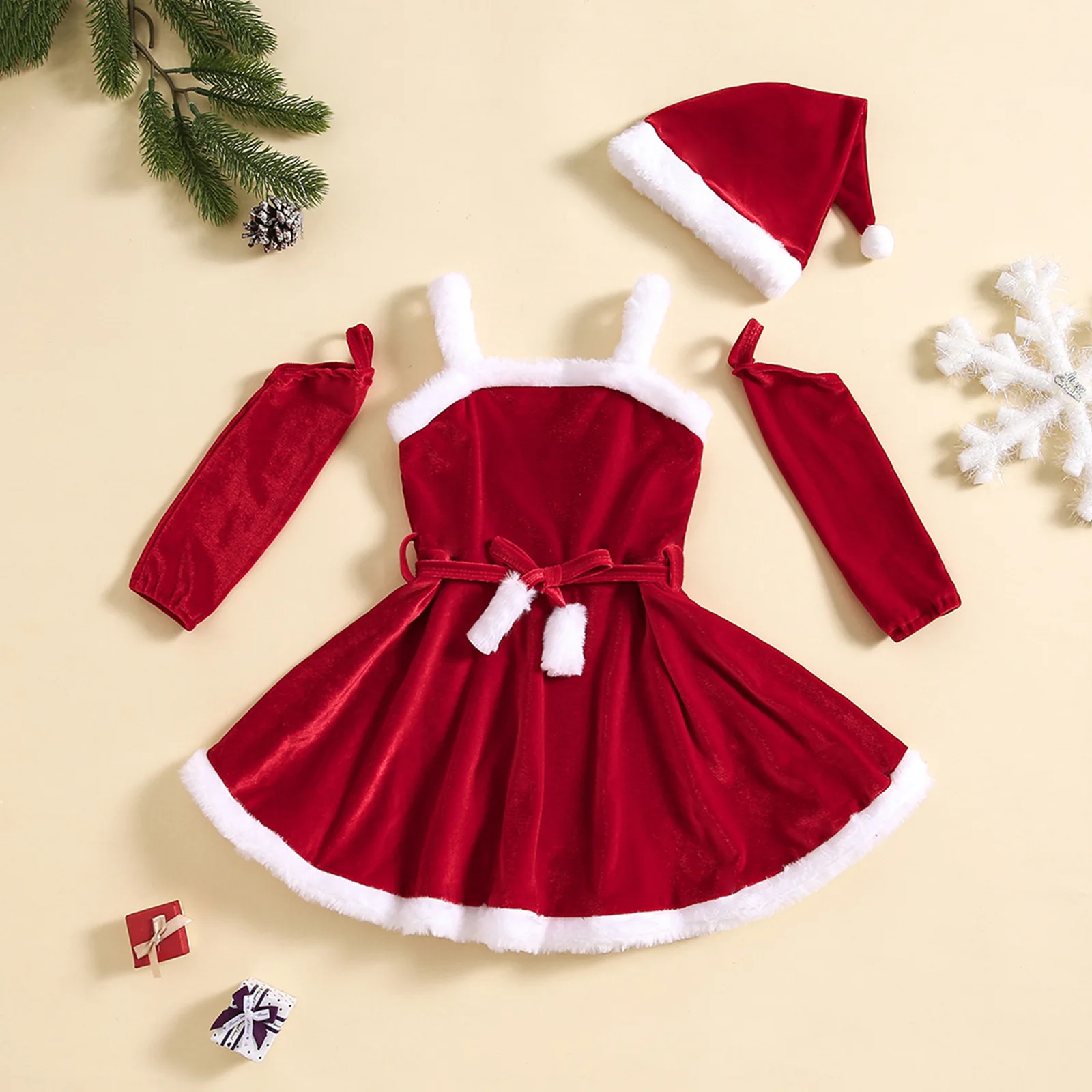 Velvet Christmas Dress for Girls Star Tulle Skirt with Fuzzy Trim Holiday Princess Party Gown Long Sleeve Formal Dress