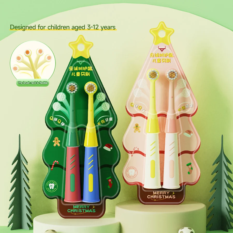 Children\'s toothbrush for ages 3-12, soft bristle, 2 pieces for home use, cartoon Christmas tree baby toothbrush